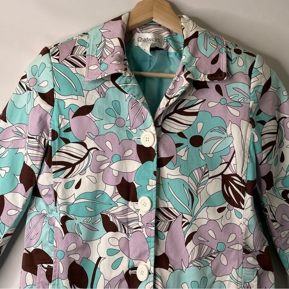 Chadwick's Vtg 70's Retro Styled Blue Floral Presley Long Button 4P Blazer - Picture 3 of 15